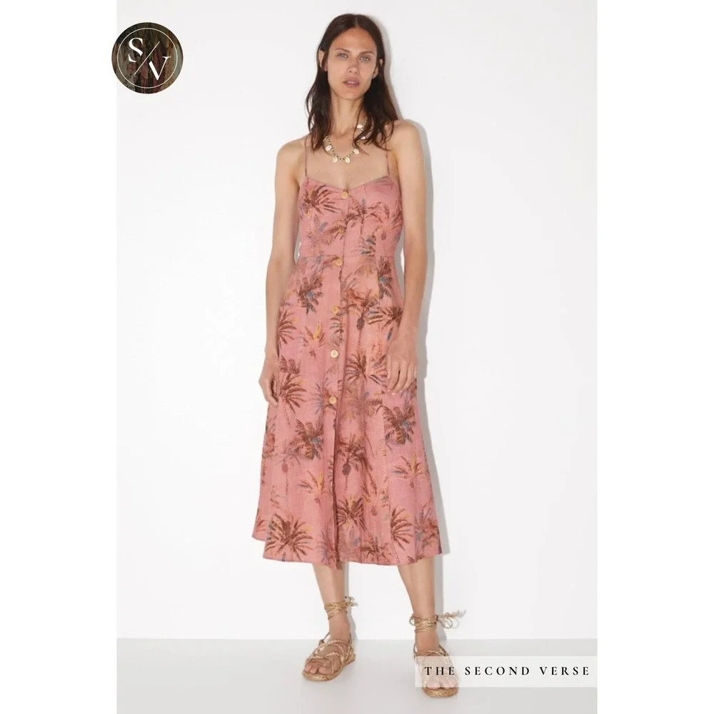 Zara Tropical Palm Leaf Cotton Linen Blend Button Front Midi Dress Size Large - Picture 1 of 11